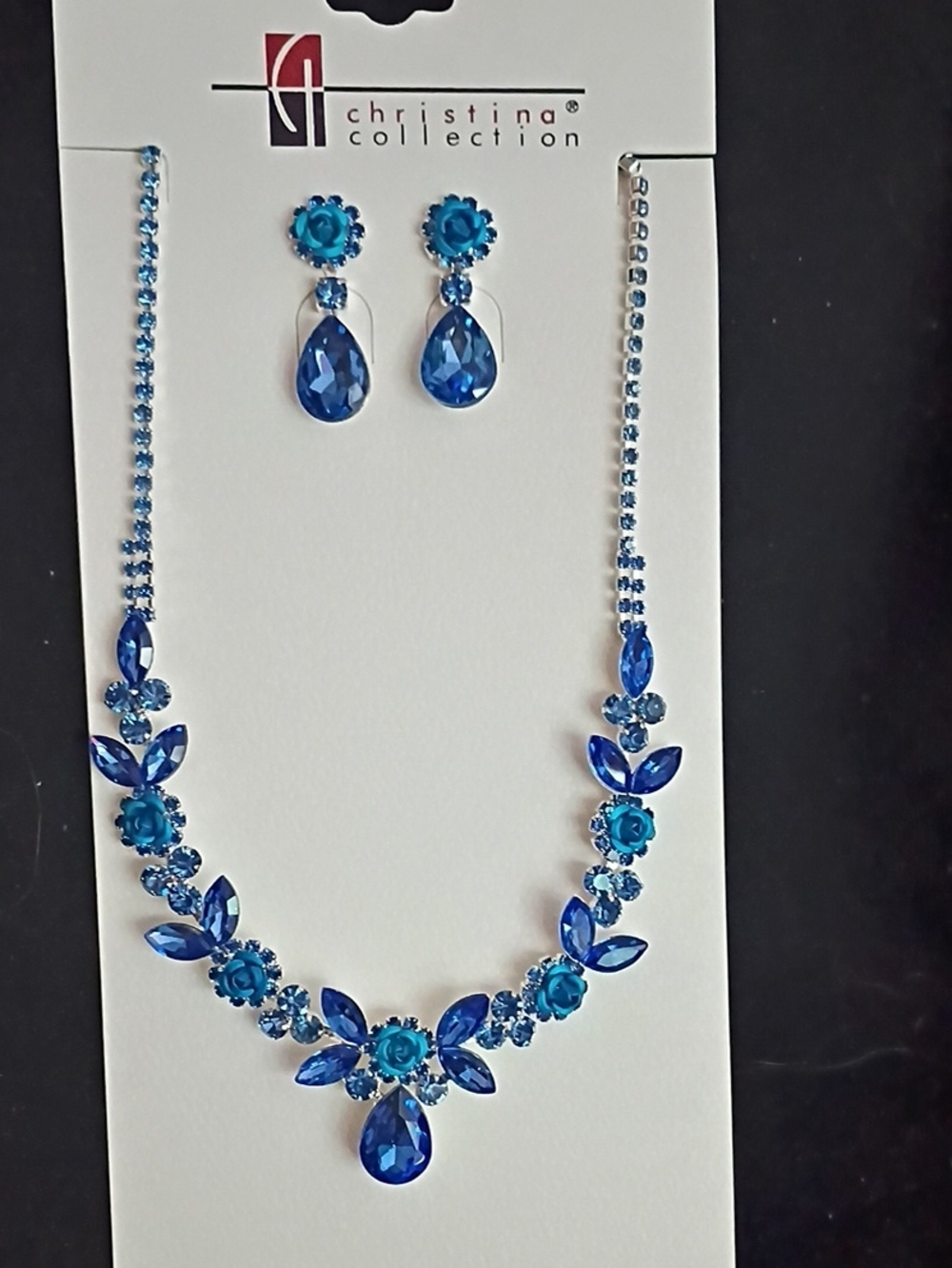 Christina Collection Blue Crystal Floral Necklace & Drop Earrings